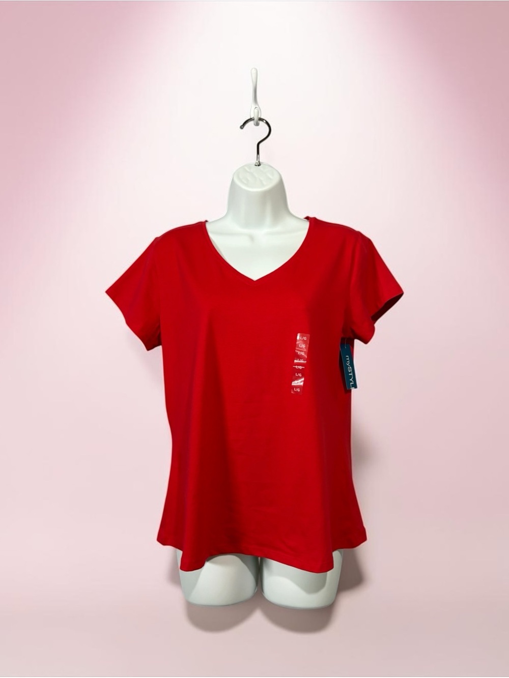 mySTYLE, Red Stretch Tee Women V Neck Cotton Blend Short Sleeve Top, Large